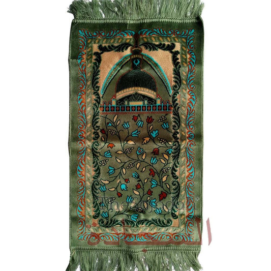 Aydin Extra Small Mini Kid’s Prayer Rug Gray & Teal Blue Mosque Design 14x 25 In (35x 63 cm) Islamic Salat Ja Namaz