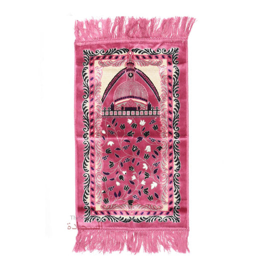 Extra Small Mini Kid’s Prayer Rug Pink & Black Mosque 14×25-In (35x63cm) For Salat Ja Namaz