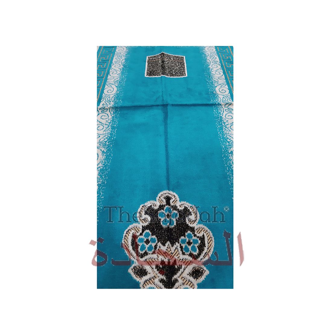 Turquoise Blue & Black Kabah Meandros Glitter Ribbon Small Prayer Rug 20x40in (51x102cm)