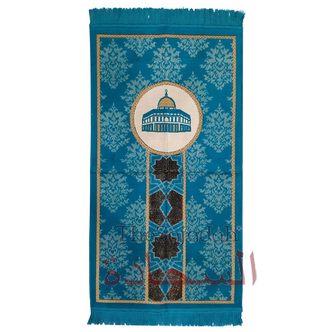 Turquoise Blue & Black Mosque Circle Glitter Ribbon Small Prayer Rug 20x40in (51x102cm)