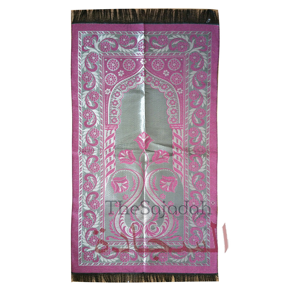 Aydin Dark Pink Extra Thin Chrome Flowers Pointed Arch Way Salat Rug - Perfect For Travel 65x 114cm