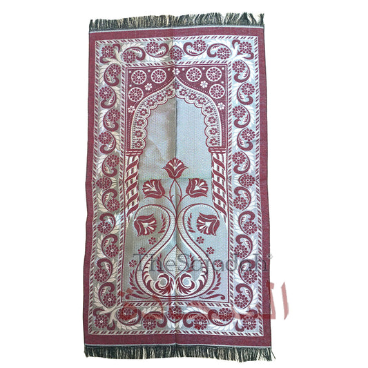 Aydin Extra Thin Dark Red Chrome Flowers & Pointed Arch Salat Namaz Mat - great For Travel 65x 114cm