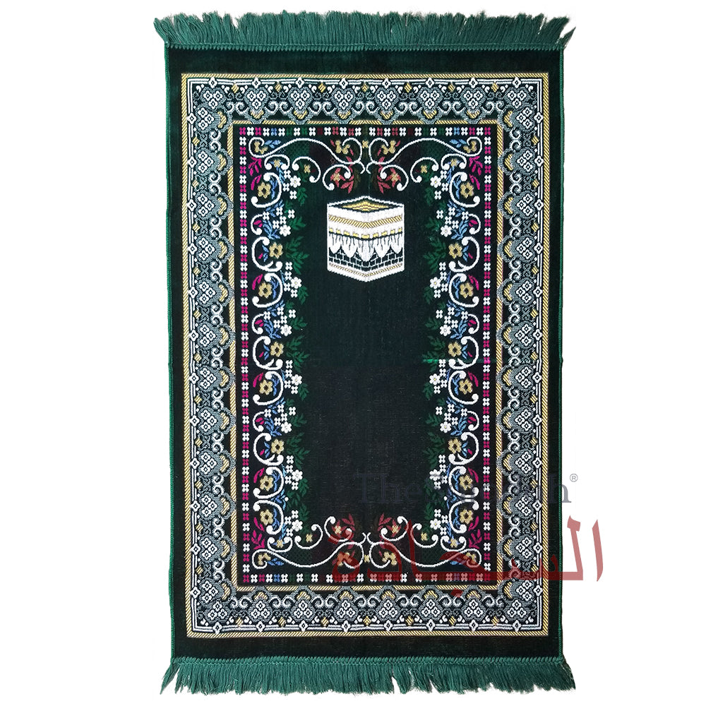Prayer Rug - Dark Green Holy Kabah Design with Arabesque Flowers Ja Namaz Salah Carpet Sajjadah