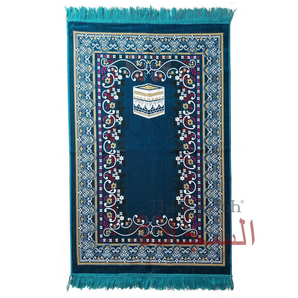 Prayer Rug - Dark Teal Blue Holy Kabah Design with Arabesque Flowers Ja Namaz Salah Carpet Sajjadah