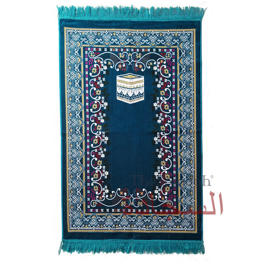 Prayer Rug - Dark Teal Blue Holy Kabah Design with Arabesque Flowers Ja Namaz Salah Carpet Sajjadah