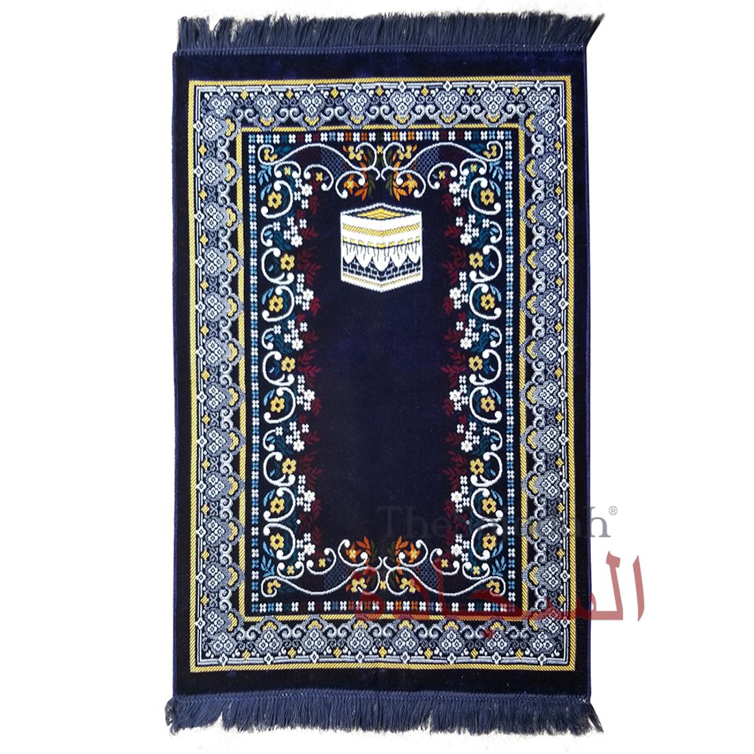 Prayer Rug – Dark Blue Holy Kabah Design with Arabesque Flowers Ja Namaz Salah Carpet Sajjadah