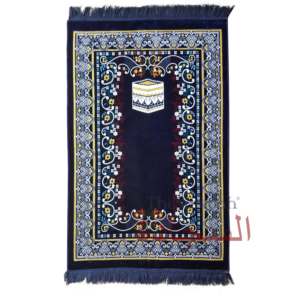 Sajadah - Desain Kabah Suci Biru Tua dengan Bunga Arabesque Karpet Shalat Ja Namaz Sajjadah