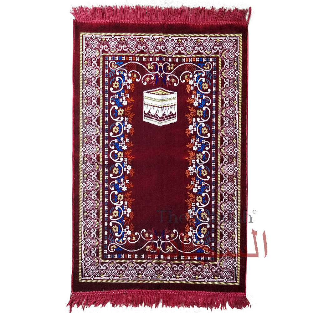 Prayer Rug – Maroon Holy Kabah Design With Arabesque Flowers Ja Namaz Salah Carpet Sajjadah