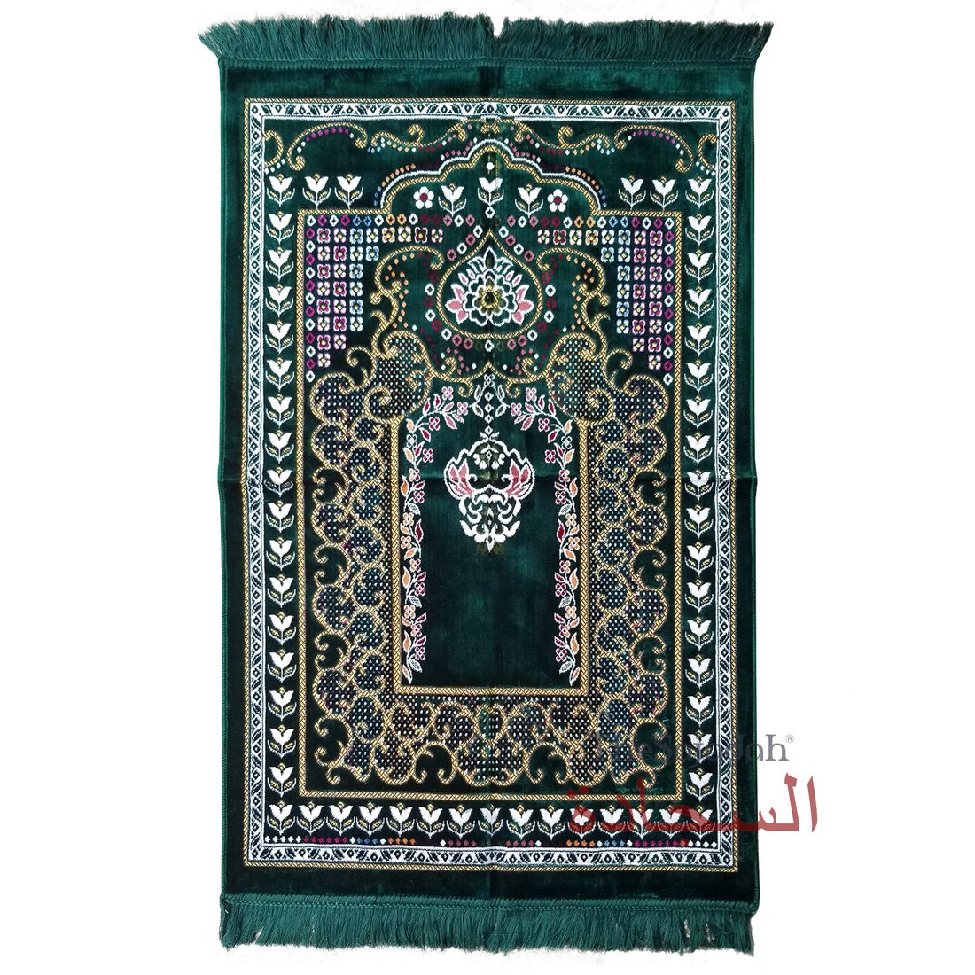 Islamic Prayer Carpet – Dark Green Colorful Mehrab Flowers Ja Namaz Salah Carpet Embossed Velvet Seccade