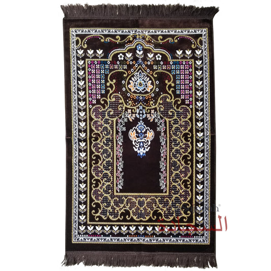 Islamic Prayer Carpet - Dark Brown Colorful Mehrab Flowers Ja Namaz Salah Carpet Embossed Velvet Seccade