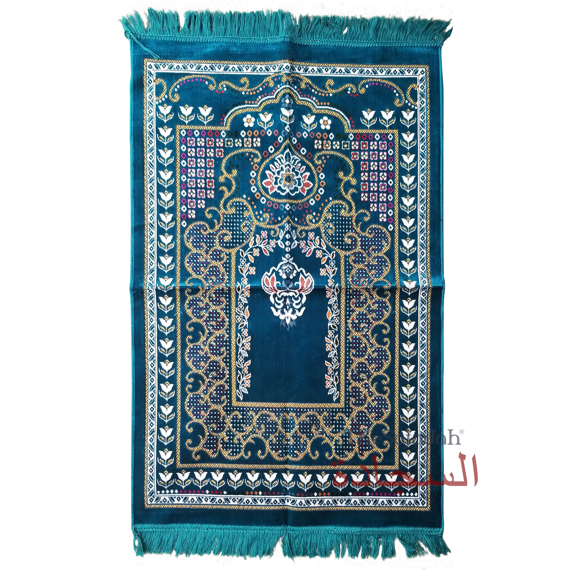 Islamic Prayer Carpet – Dark Teal Blue Colorful Mehrab Flowers Ja Namaz Salah Carpet Embossed Velvet Seccade