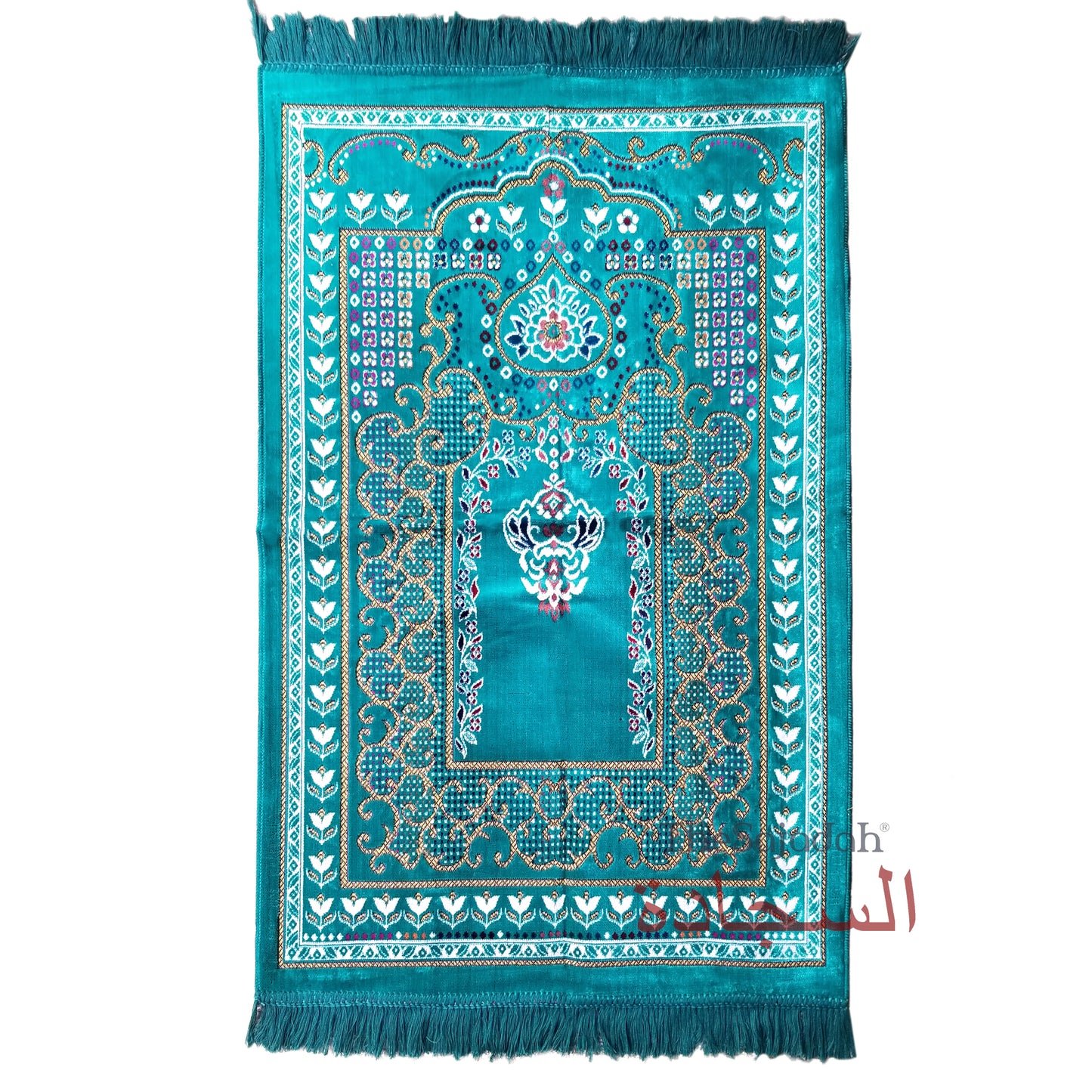 Islamic Prayer Carpet - Turquoise Blue Colorful Mehrab Flowers Ja Namaz Salah Carpet Embossed Velvet Seccade