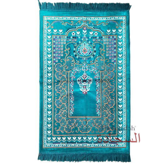 Islamic Prayer Carpet - Turquoise Blue Colorful Mehrab Flowers Ja Namaz Salah Carpet Embossed Velvet Seccade