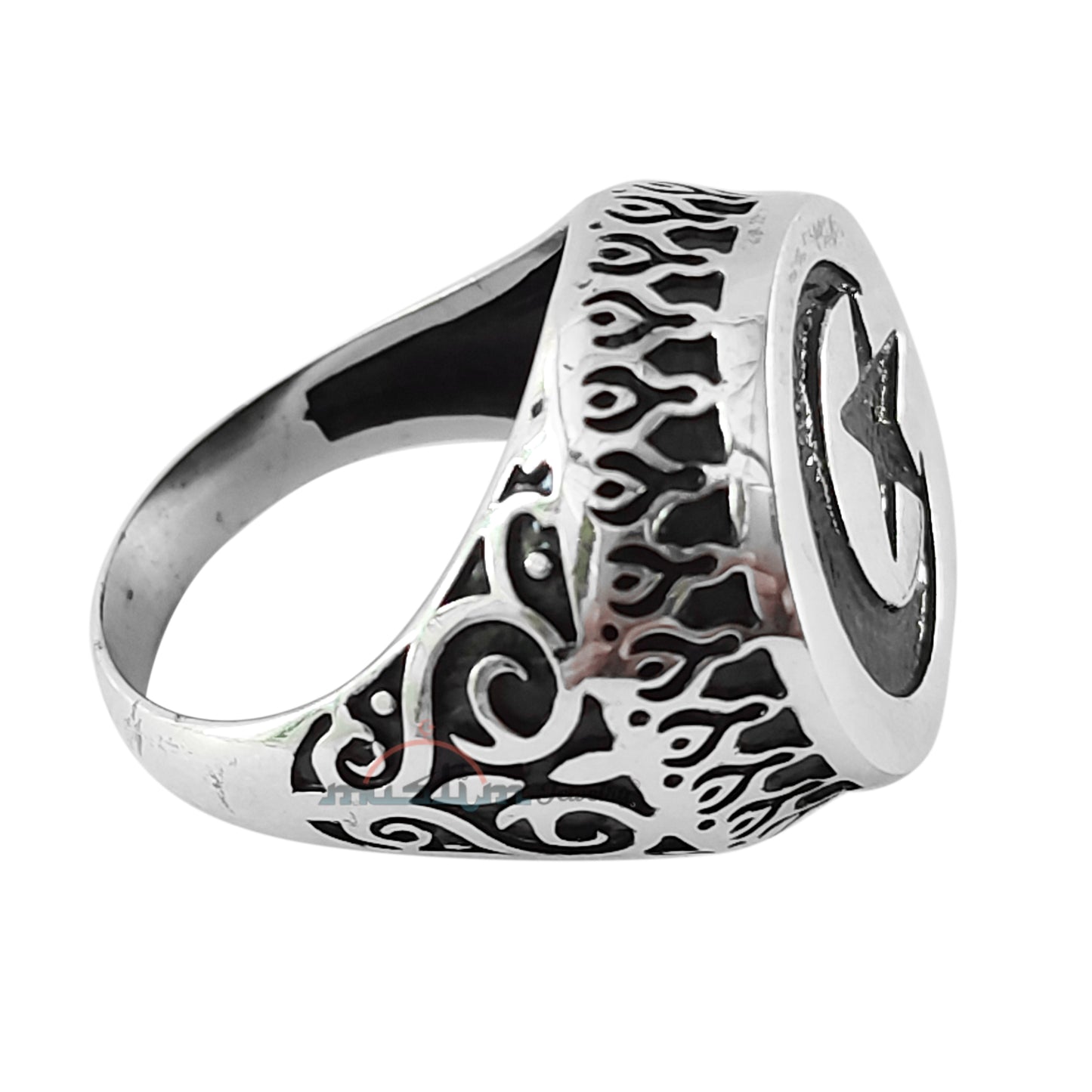 Muslim Men’s Ring Sterling Silver Islamic Star Crescent Moon – Embossed Black Oxidized Design