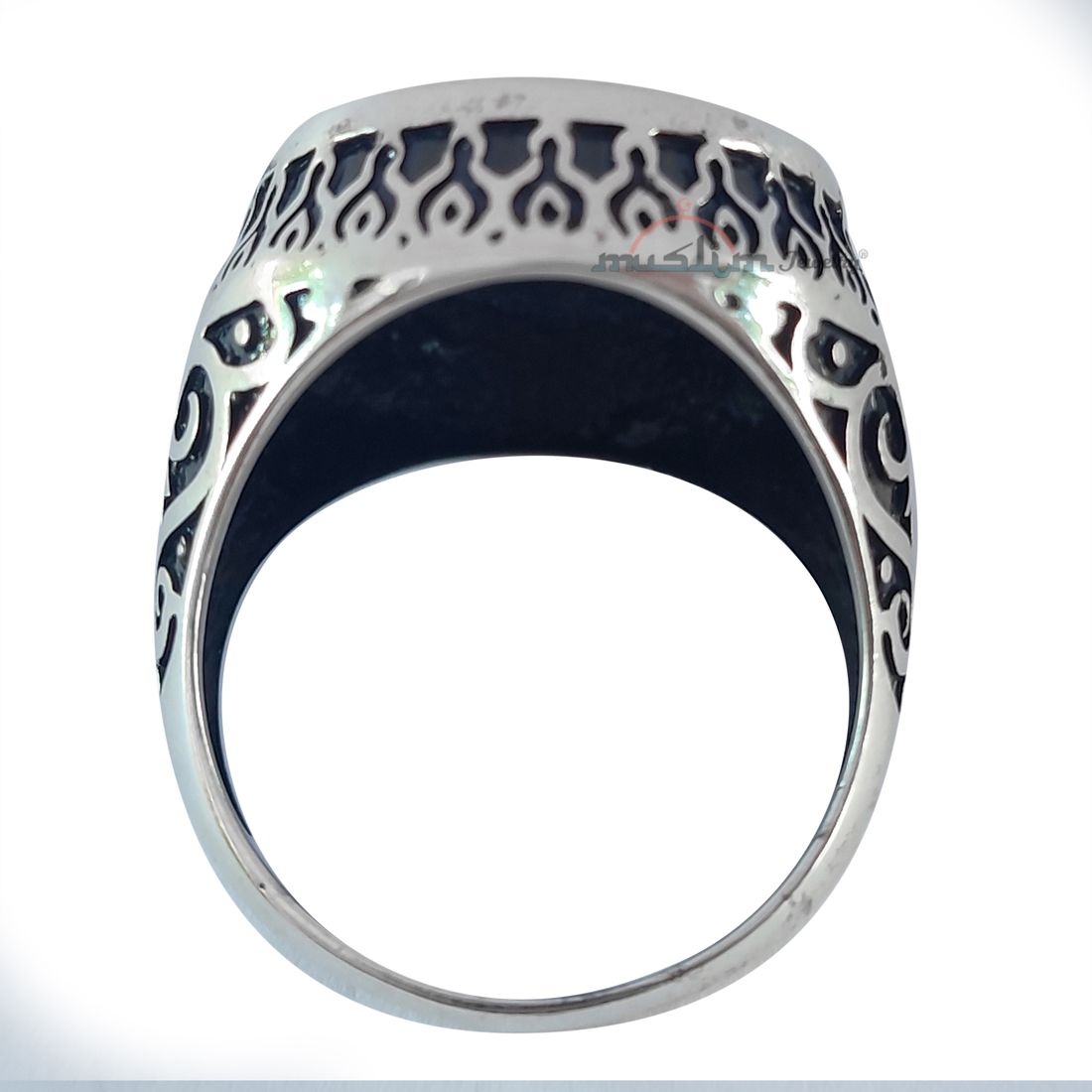 Muslim Men’s Ring Sterling Silver Islamic Star Crescent Moon – Embossed Black Oxidized Design