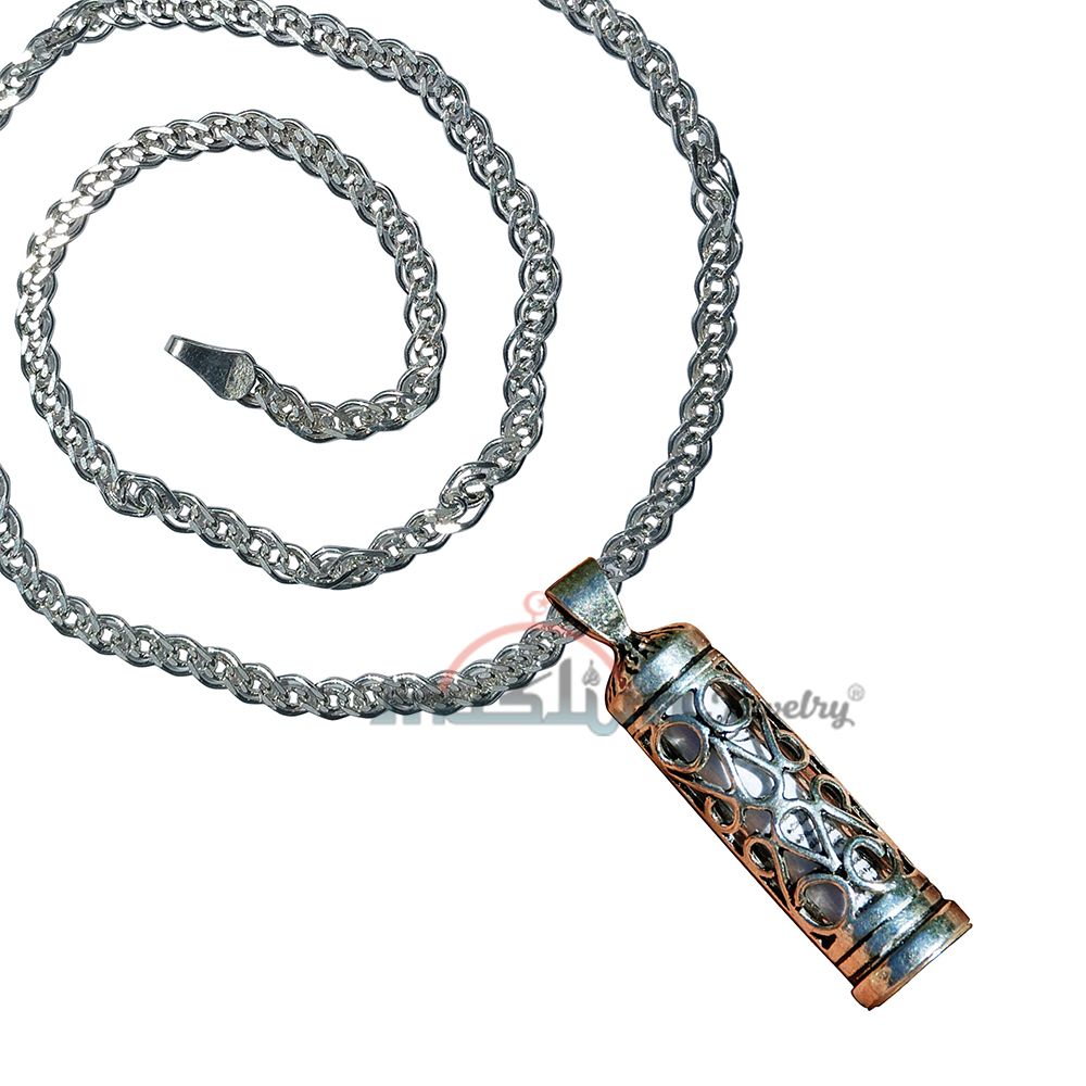 Beautiful Lattice Design Glass Jawshan Cevsen Vial Enclosed In Sterling Silver Islamic Talisman Pendant Tavis with 25″ Figaro Chain