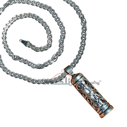 Beautiful Lattice Design Glass Jawshan Cevsen Vial Enclosed In Sterling Silver Islamic Talisman Pendant Tavis with 25″ Figaro Chain
