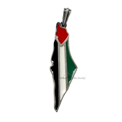 Palestine Map Pendant - Sterling Silver Enamel Engraved City Names on Back