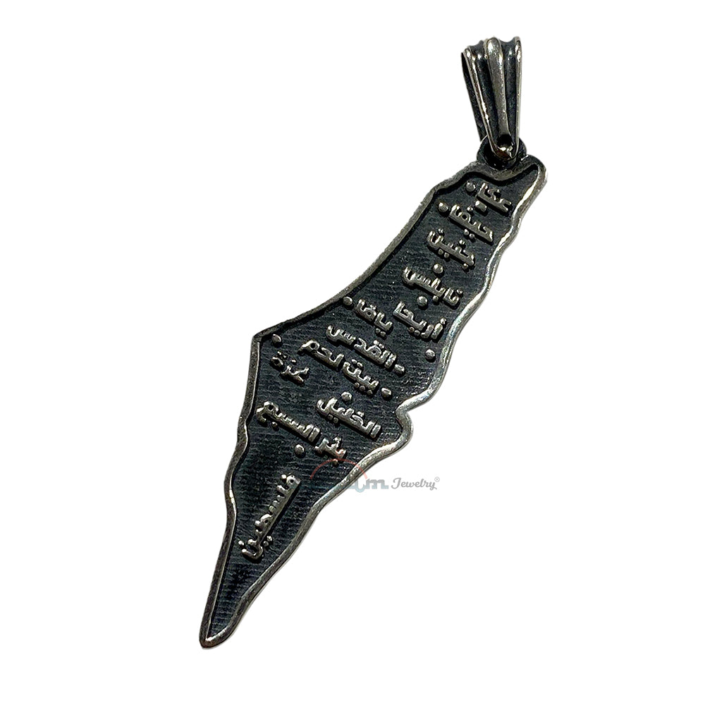 Palestine Map Pendant - Sterling Silver Enamel Engraved City Names on Back