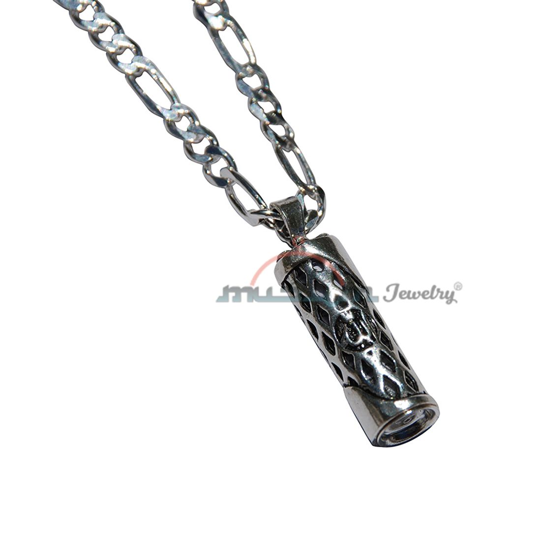 Allah Lattice Design Glass Jawshan Cevsen Vial Enclosed in Sterling Silver Islamic Talisman Pendant Tavis with 25″ Figaro Chain