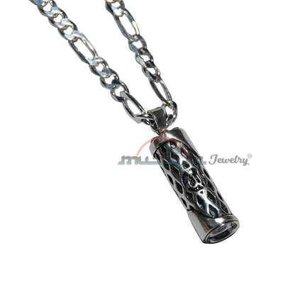 Allah Lattice Design Glass Jawshan Cevsen Vial Enclosed In Sterling Silver Islamic Talisman Pendant Tavis With 25″ Figaro Chain