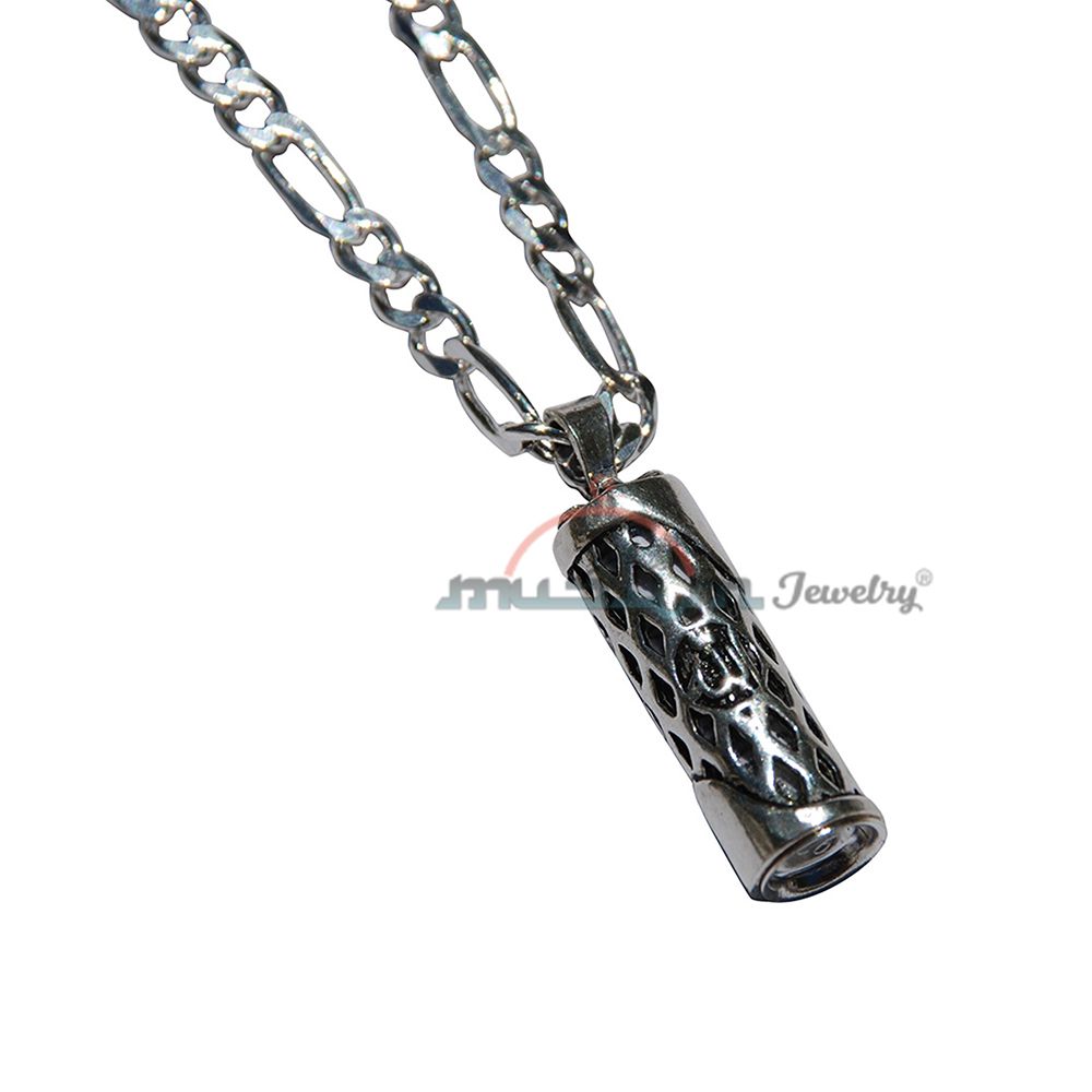 Allah Lattice Design Glass Jawshan Cevsen Vial Enclosed In Sterling Silver Islamic Talisman Pendant Tavis with 25″ Figaro Chain