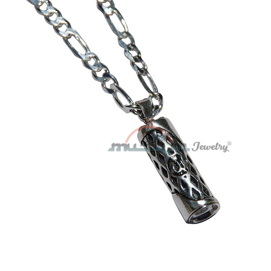 Allah Lattice Design Glass Jawshan Cevsen Vial Enclosed In Sterling Silver Islamic Talisman Pendant Tavis with 25″ Figaro Chain