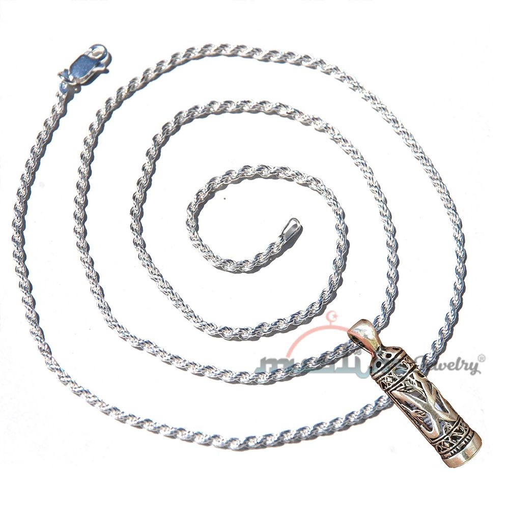 Allah Muhammad Jawshan Design Glass Cevsen Vial Enclosed In Sterling Silver Islamic Talisman Pendant Tavis with 25″ Figaro Chain
