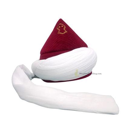 Naqshbandi Turbanned Taj Kufi Hat – Na’lain Embroidered Maroon Taj with White Turban