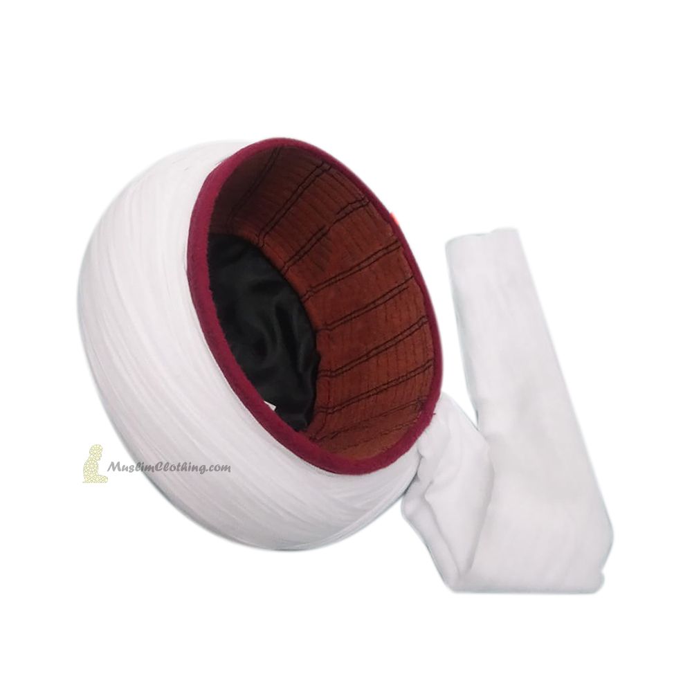Naqshbandi Turbanned Taj Kufi Hat – Na’lain Embroidered Maroon Taj with White Turban