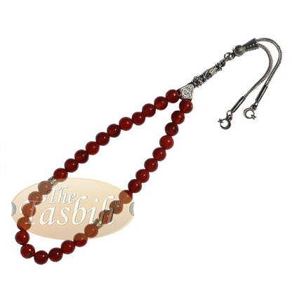 Red Carnelian Agate 33-Bead Tasbih Prayer Beads Star Crescent Charms