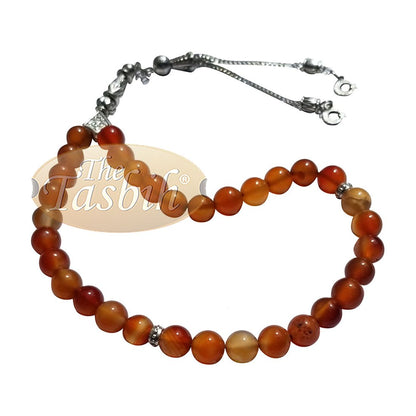 33-Bead Small Honey Agate 7mm Stone Tasbih Prayer Beads Silver Accents & Kizilay Charms