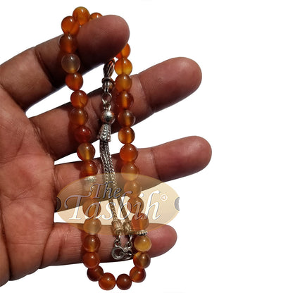 33-Manik Batu Akik Madu Kecil 7 mm Tasbih Batu Akik Aksen Perak &amp; Jimat Kizilay