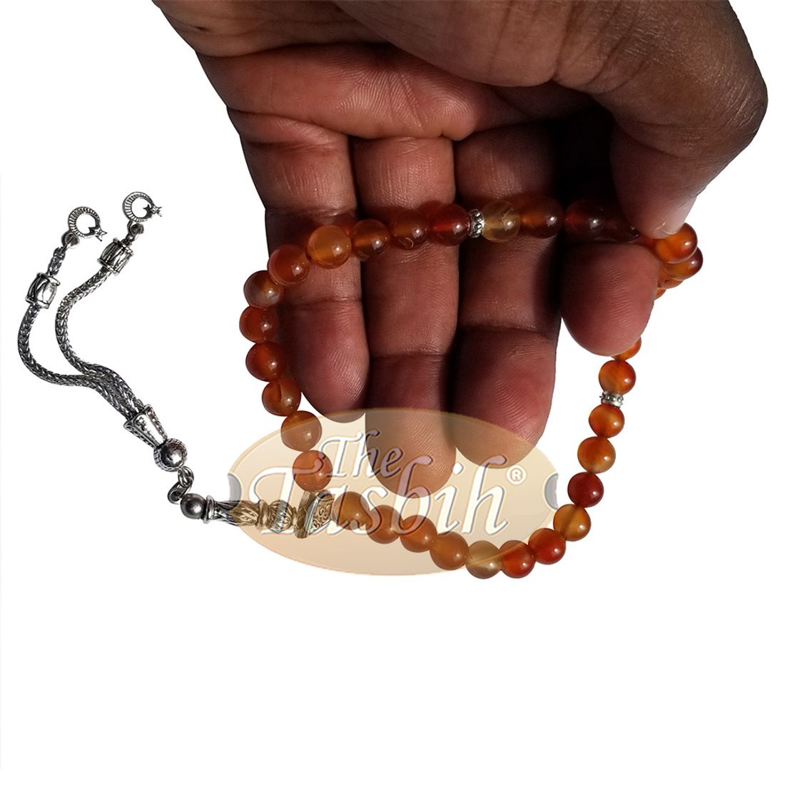 33-Bead Small Honey Agate 7mm Stone Tasbih Prayer Beads Silver Accents & Kizilay Charms