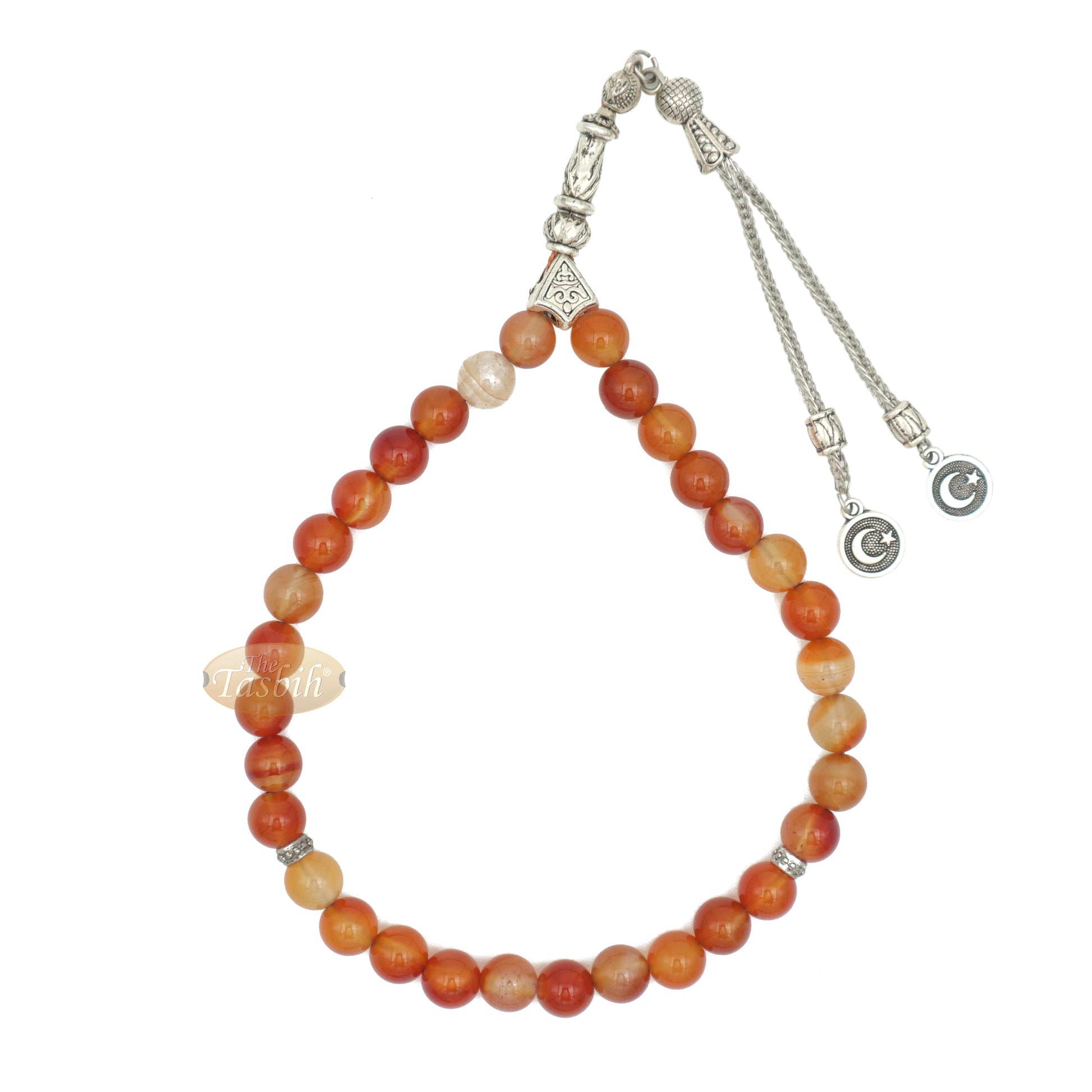 Honey Red Carnelian 8mm 33 Beads With Round Crescent Moon Charm Tasbih