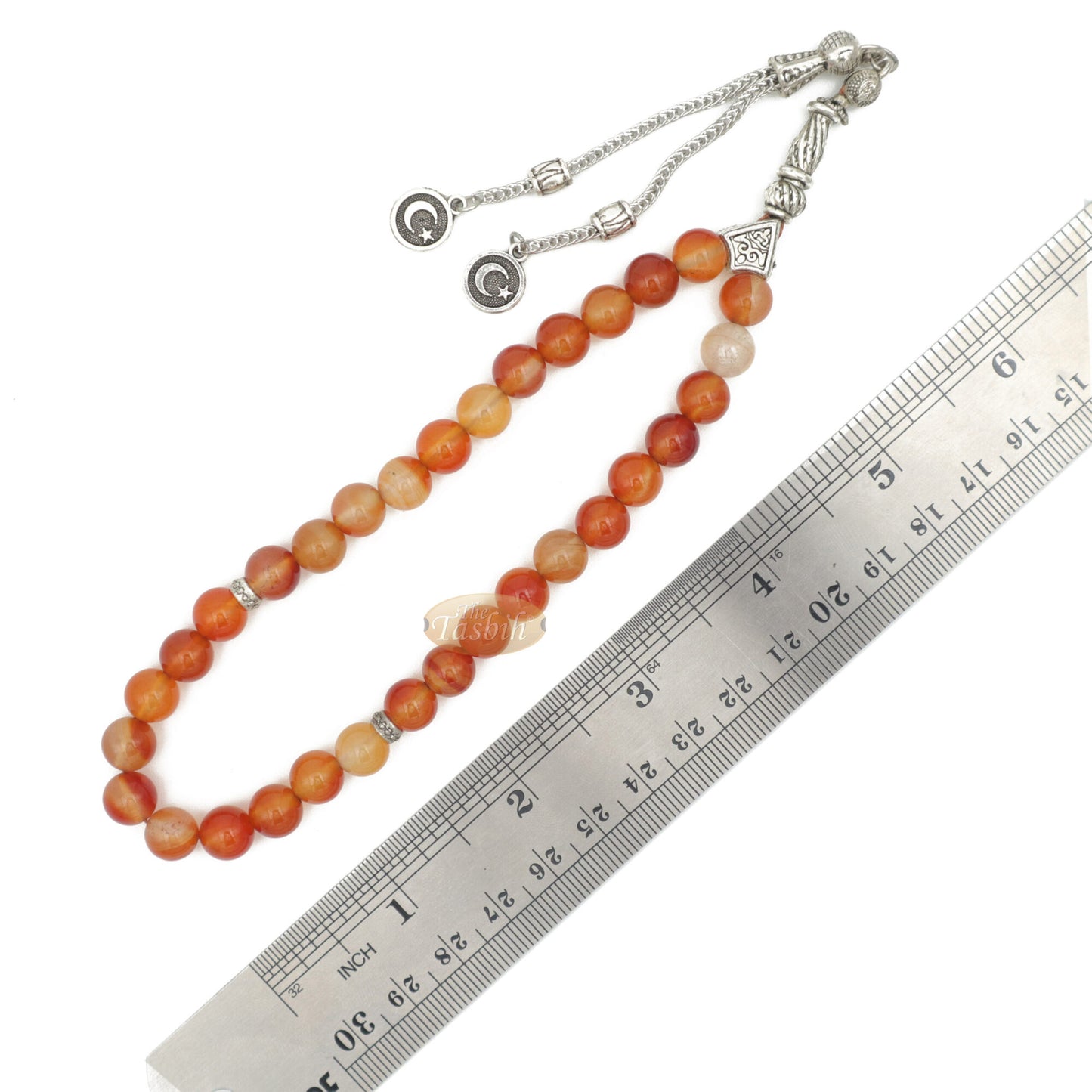 Honey Red Carnelian 8mm 33 Beads With Round Crescent Moon Charm Tasbih