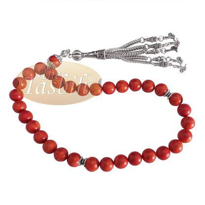 10-mm Red Sea Coral 33-Bead Prayer Beads With Ornamental Turkish Tughra 5-Chain Tassel Charms