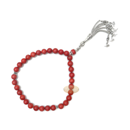 10-mm Red Sea Coral 33-Bead Prayer Beads With Ornamental Turkish Tughra 5-Chain Tassel Charms