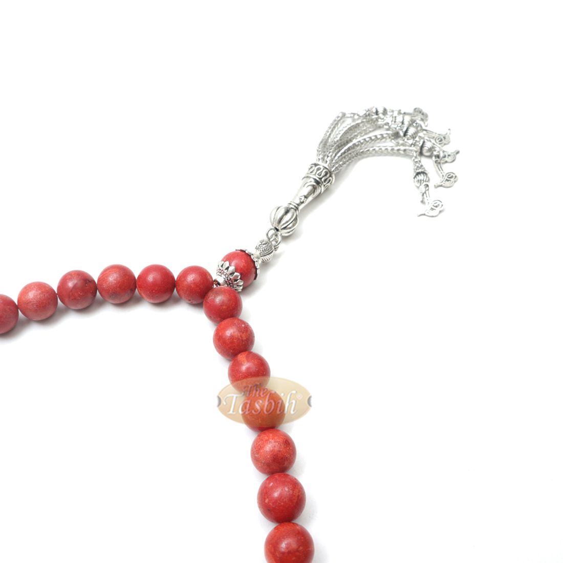 10-mm Red Sea Coral 33-Bead Prayer Beads with Ornamental Turkish Tughra 5-chain Tassel Charms