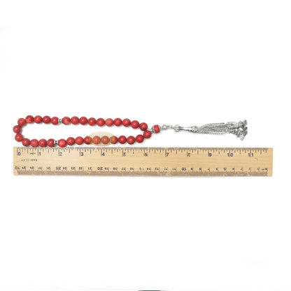 10-mm Red Sea Coral 33-Bead Prayer Beads With Ornamental Turkish Tughra 5-Chain Tassel Charms