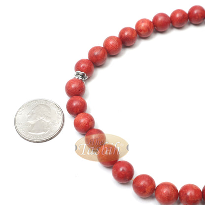 10-mm Red Sea Coral 33-Bead Prayer Beads With Ornamental Turkish Tughra 5-Chain Tassel Charms