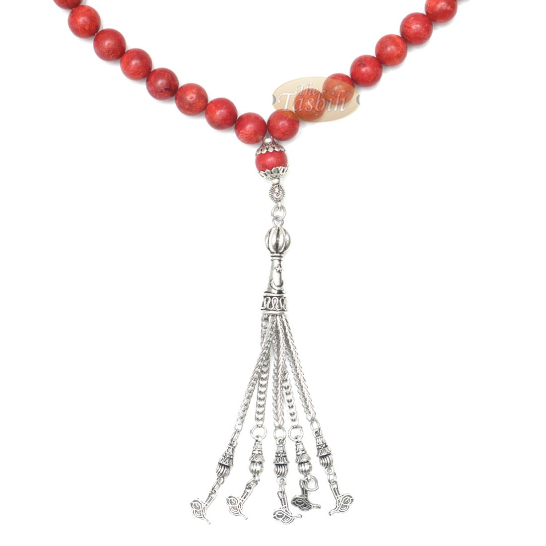 10-mm Red Sea Coral 33-Bead Prayer Beads with Ornamental Turkish Tughra 5-chain Tassel Charms