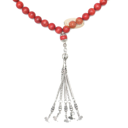 10-mm Red Sea Coral 33-Bead Prayer Beads With Ornamental Turkish Tughra 5-Chain Tassel Charms