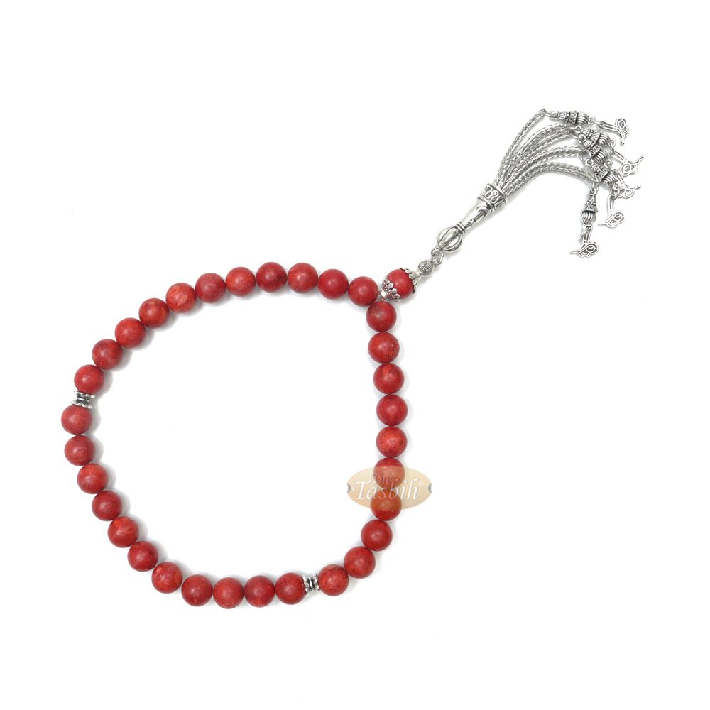 10 mm Red Sea Coral 33-Bead Prayer Beads with Ornamental Turkish Tughra 5-Chain Tassel Charms