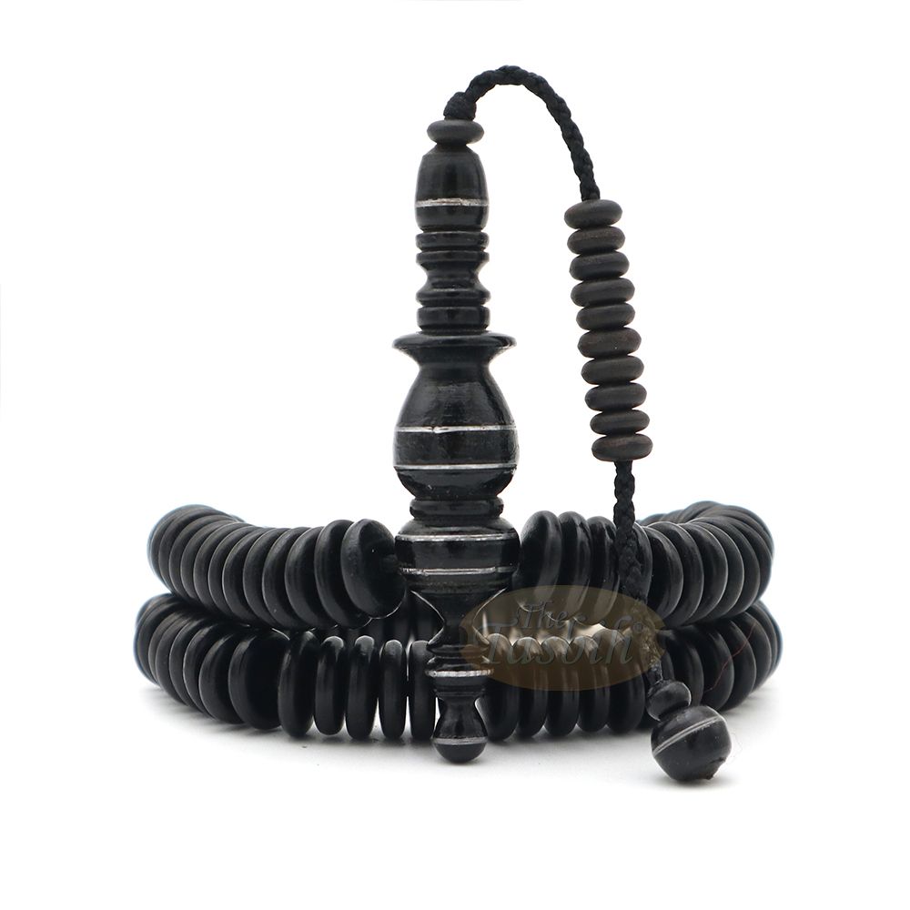 Black Wood Disc-Shaped Prayer Beads Tasbih – Handcrafted 3×11 mm 99-beads Carved Alif
