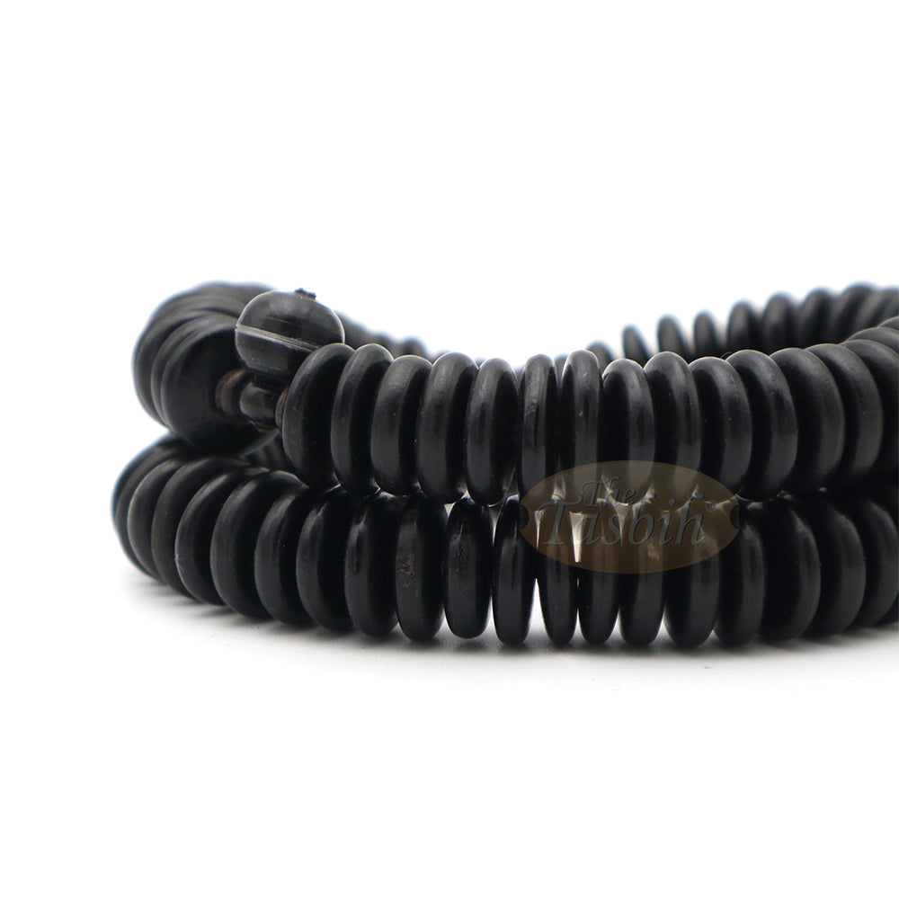 Black Wood Disc-Shaped Prayer Beads Tasbih - Handcrafted 3x11 mm 99-beads Carved Alif