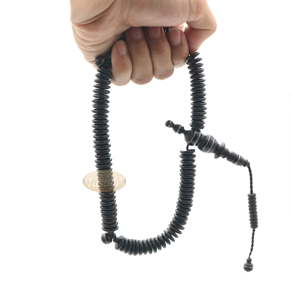Black Wood Disc-Shaped Prayer Beads Tasbih - Handcrafted 3x11 mm 99-beads Carved Alif