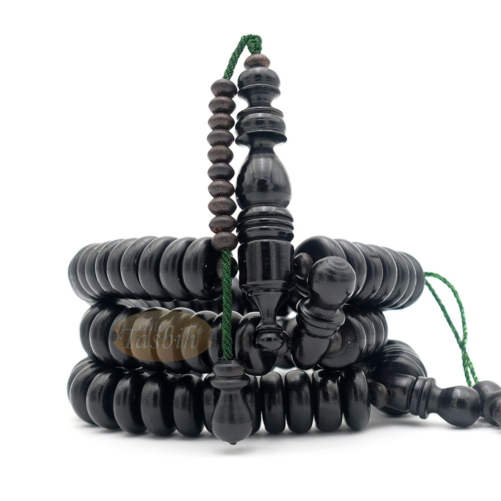 Black Wood Disc Prayer Beads Tasbih Handcrafted 7×17 mm 99-beads Carved Alif