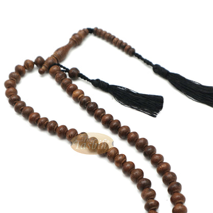 Wooden Islamic Prayer Beads - Natural Johar Asian Wenge Wood Tasbih 99 count Contoured 8x7 mm Beads with Black Tassels In Gift Box By