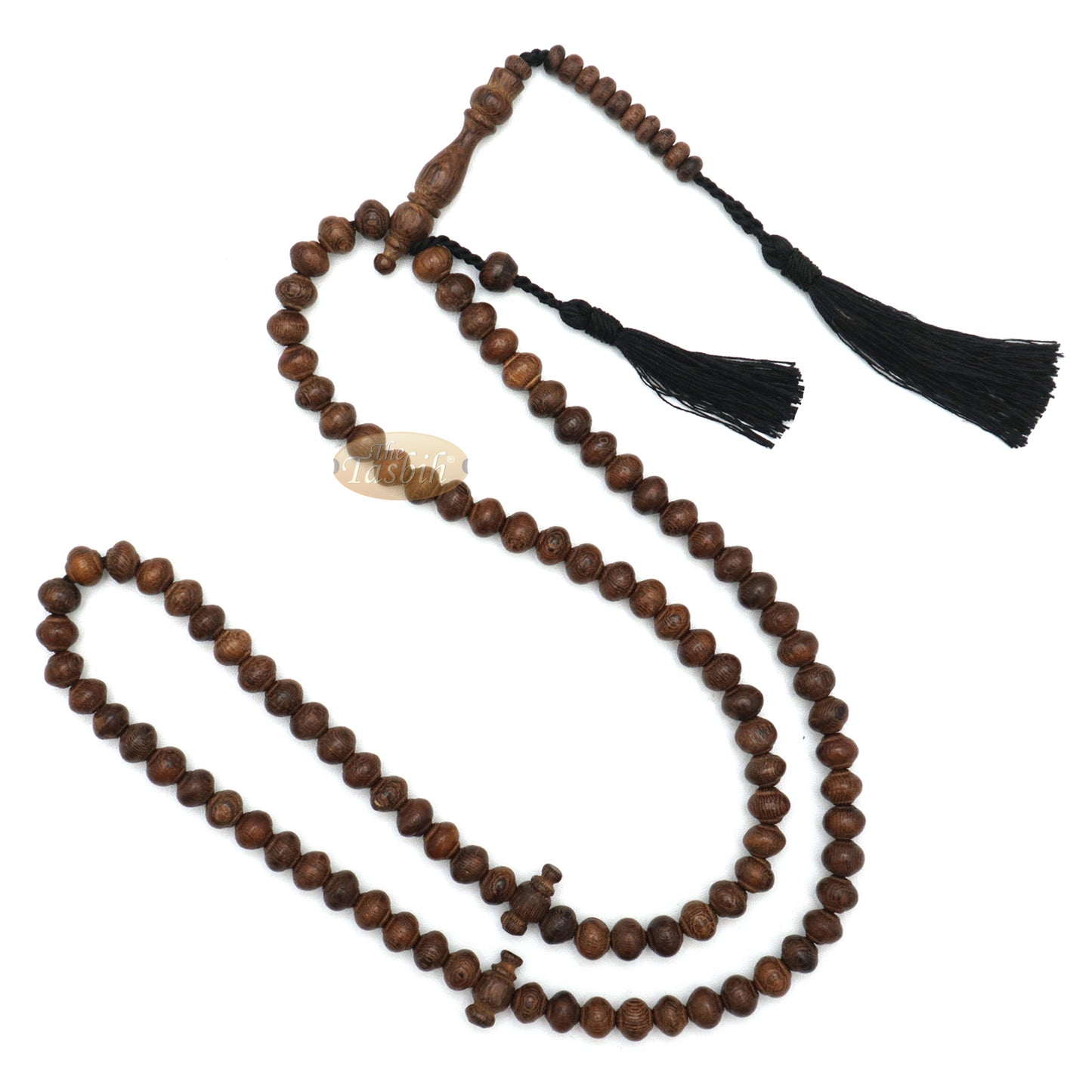 Wooden Islamic Prayer Beads - Natural Johar Asian Wenge Wood Tasbih 99 count Contoured 8x7 mm Beads with Black Tassels In Gift Box By